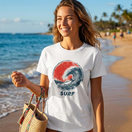 A woman stands on a sunny beach wearing a white graphic T-shirt with a red and blue wave design and the word 'SURF' below it, while holding a woven straw tote bag.