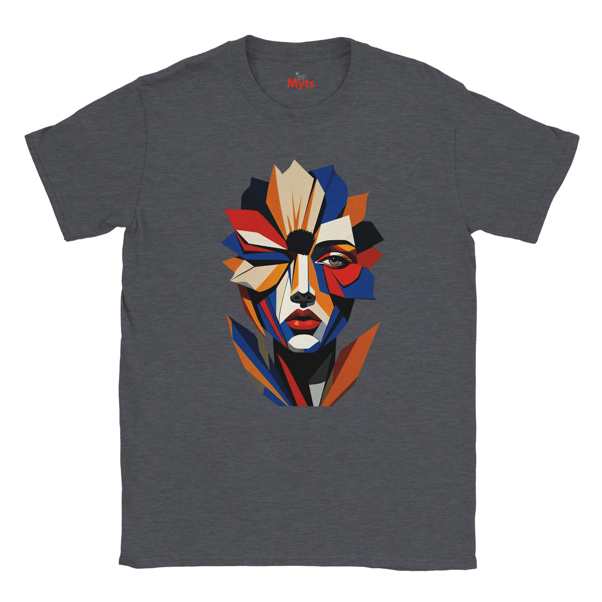 Abstract Geometric Face T-Shirt in Dark Heather — bold geometric portrait art graphic tee by Mytsdesigns