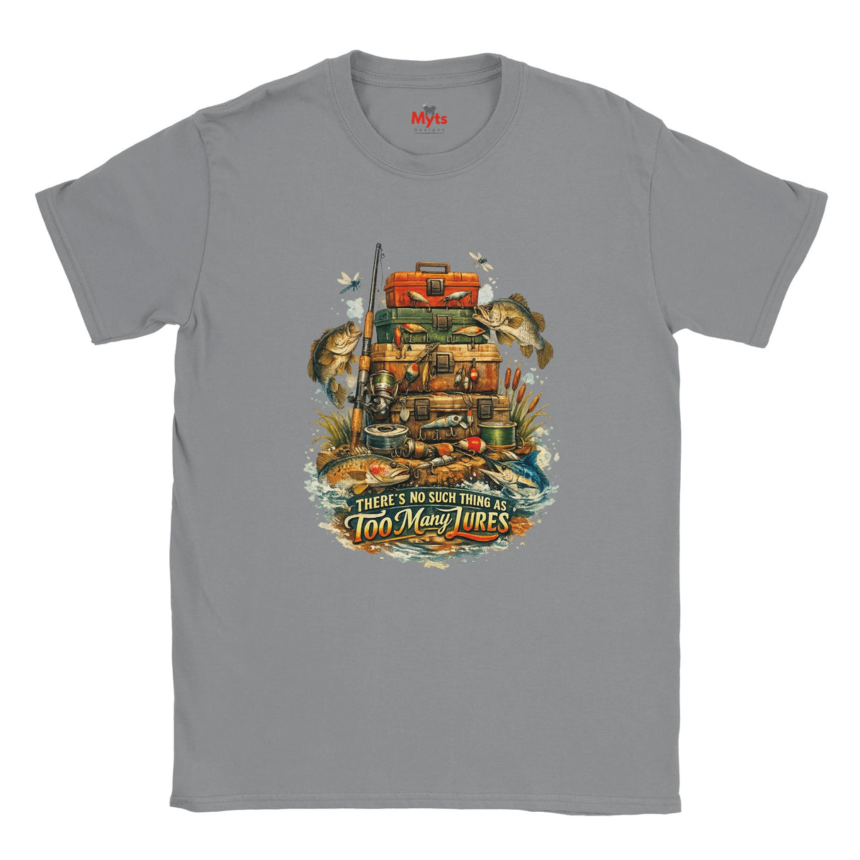 Gray t-shirt with fishing-themed graphic and 'Nuy' branding on a white background