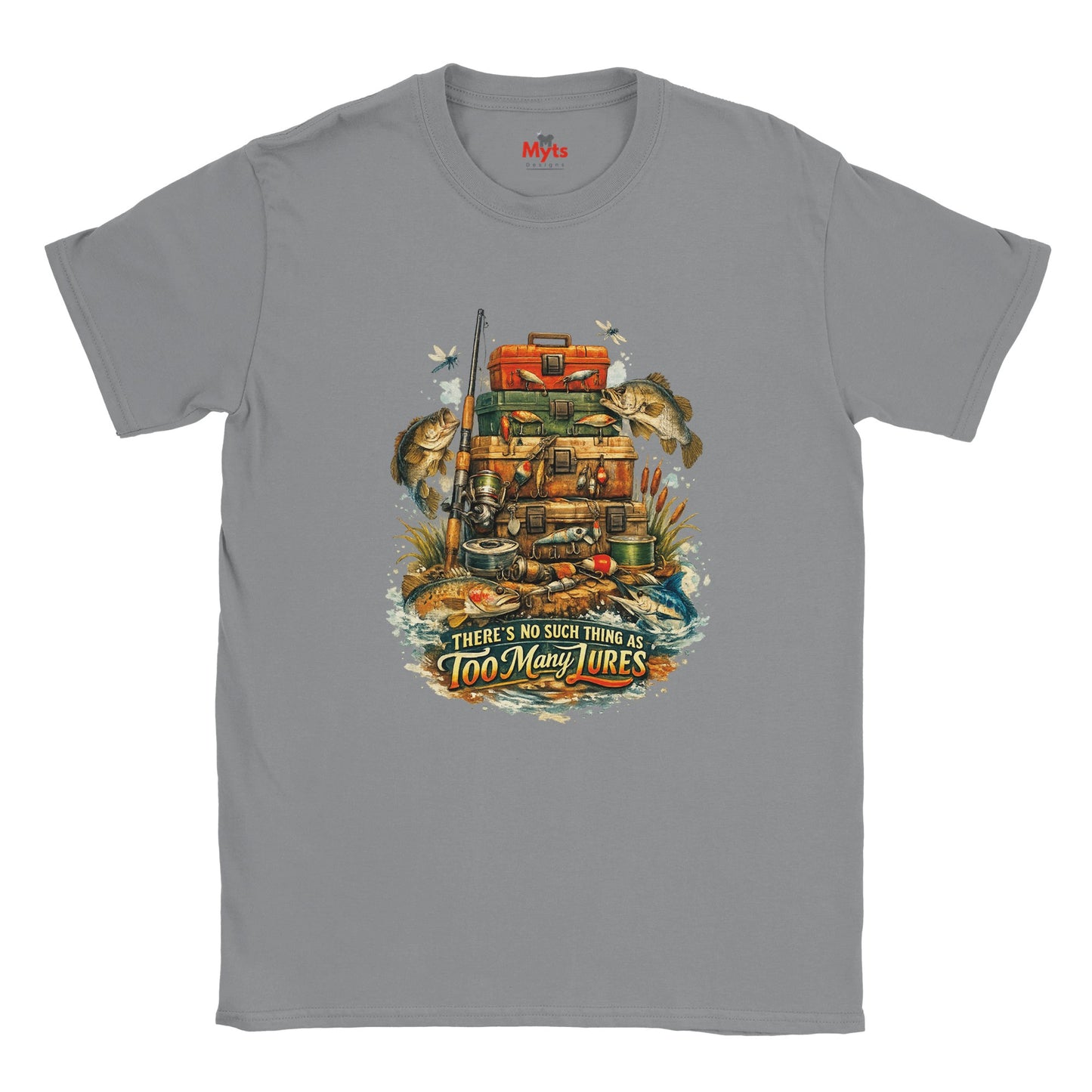 Gray t-shirt with fishing-themed graphic and 'Nuy' branding on a white background