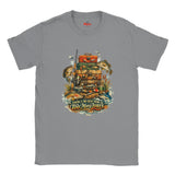 Gray t-shirt with fishing-themed graphic and 'Nuy' branding on a white background