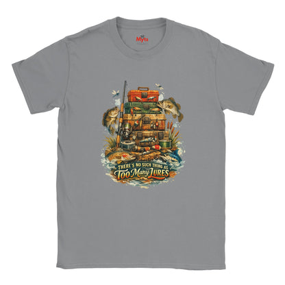 Gray t-shirt with fishing-themed graphic and 'Nuy' branding on a white background