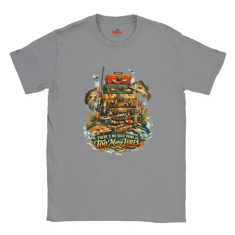 Gray t-shirt with fishing-themed graphic and 'Nuy' branding on a white background