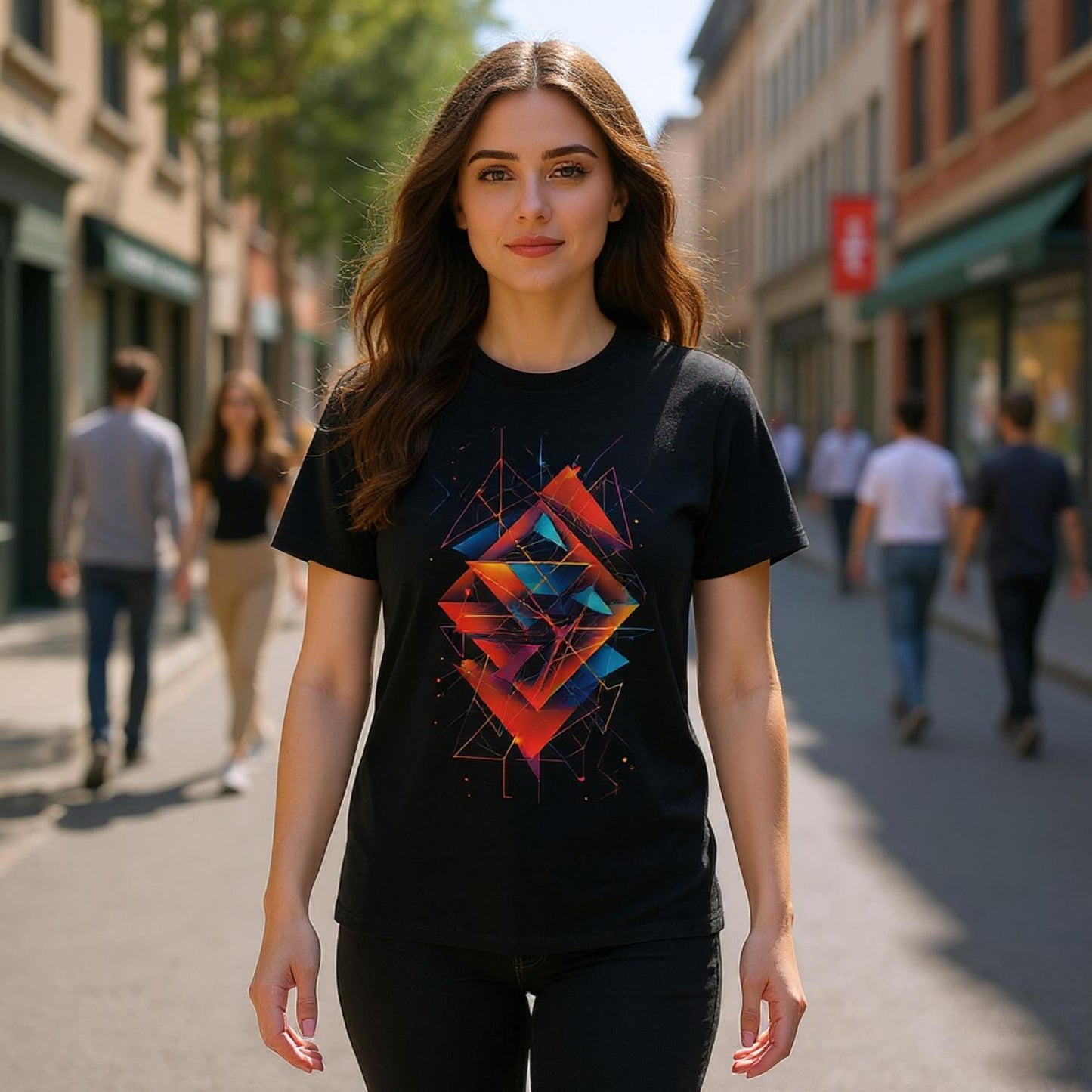 A confident young woman with long brown hair walks down a sunny city street wearing a black T-shirt featuring a bold, colorful geometric design with layered red, orange, and blue angular shapes. The abstract art contrasts sharply against the dark fabric, creating a modern, eye-catching look. People and buildings line the background, softly blurred to emphasize the stylish, urban aesthetic of the shirt and model.