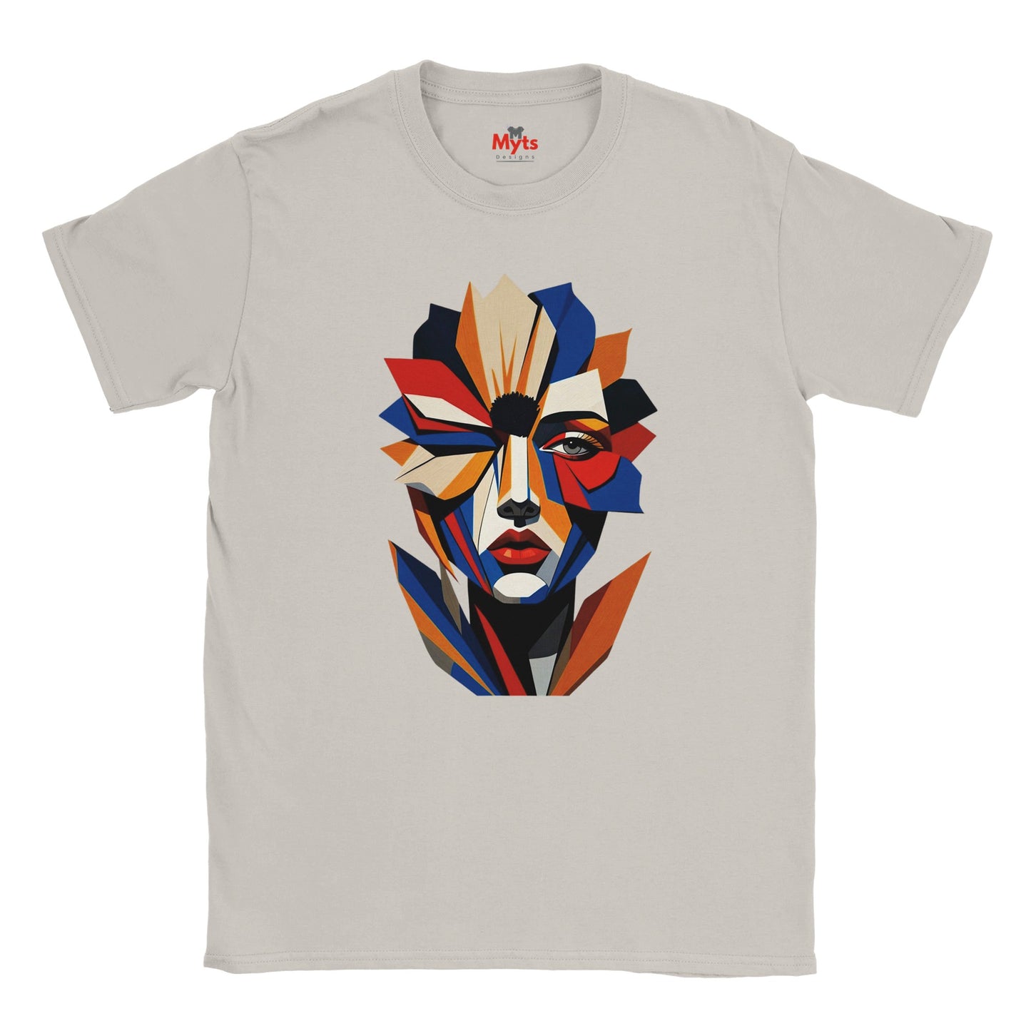Abstract Geometric Face T-Shirt in Ice Grey — bold geometric portrait art graphic tee by Mytsdesigns