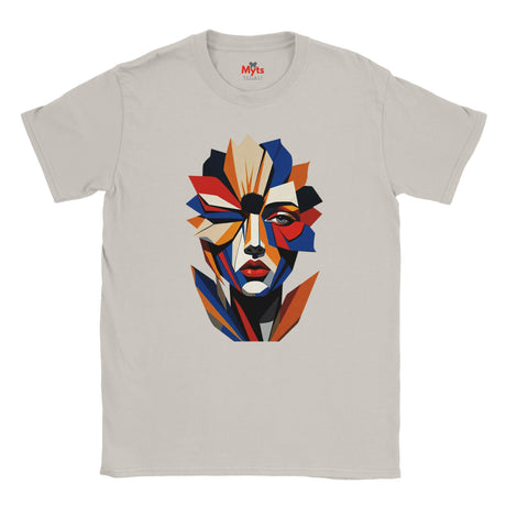 Abstract Geometric Face T-Shirt in Ice Grey — bold geometric portrait art graphic tee by Mytsdesigns