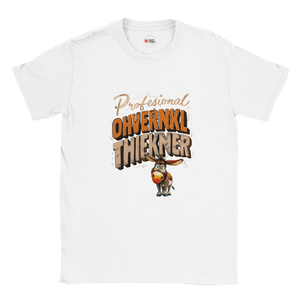 White t-shirt with a donkey graphic and text on a white background