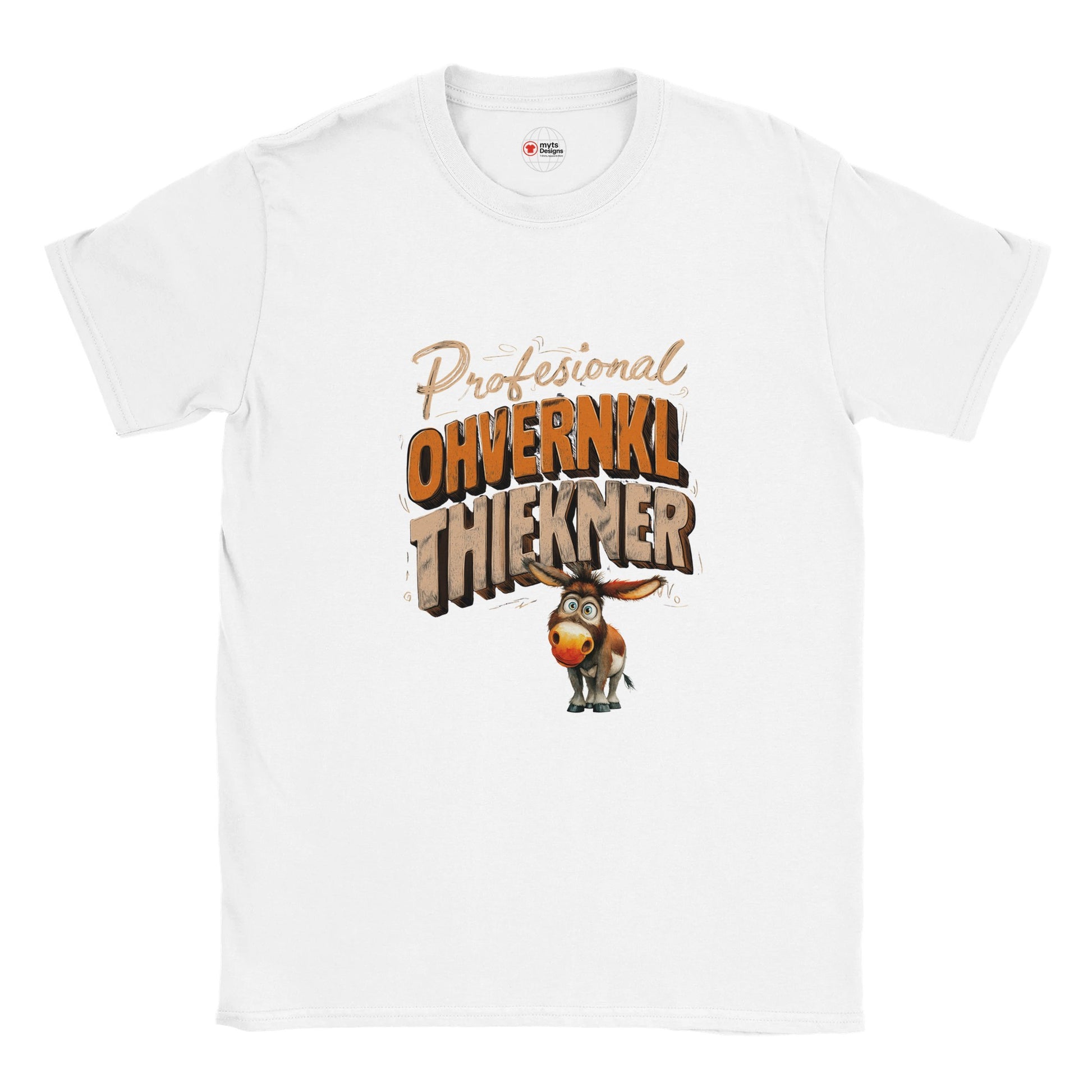 White t-shirt with a donkey graphic and text on a white background