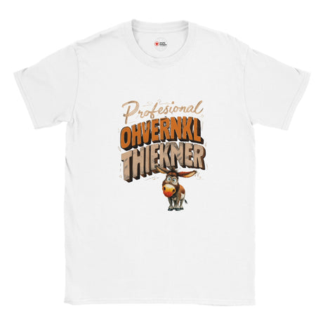 White t-shirt with a donkey graphic and text on a white background