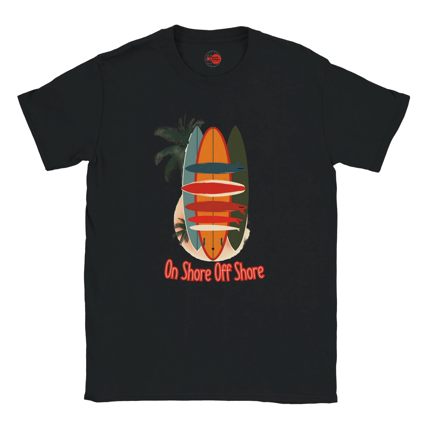 Black t-shirt with a colorful surfboard design and 'On Shore Off Shore' text on a white background