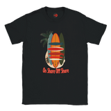 Black t-shirt with a colorful surfboard design and 'On Shore Off Shore' text on a white background