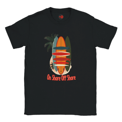 Black t-shirt with a colorful surfboard design and 'On Shore Off Shore' text on a white background