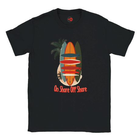 Black t-shirt with a colorful surfboard design and 'On Shore Off Shore' text on a white background