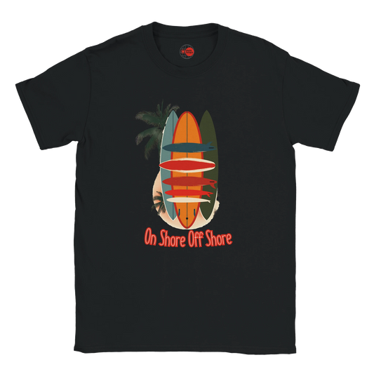 Black t-shirt with a colorful surfboard design and 'On Shore Off Shore' text on a white background