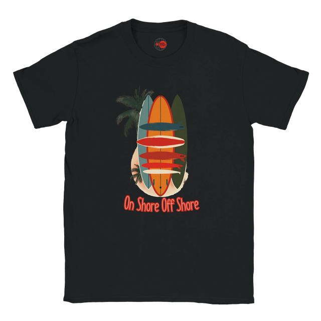 Black t-shirt with a colorful surfboard design and 'On Shore Off Shore' text on a white background