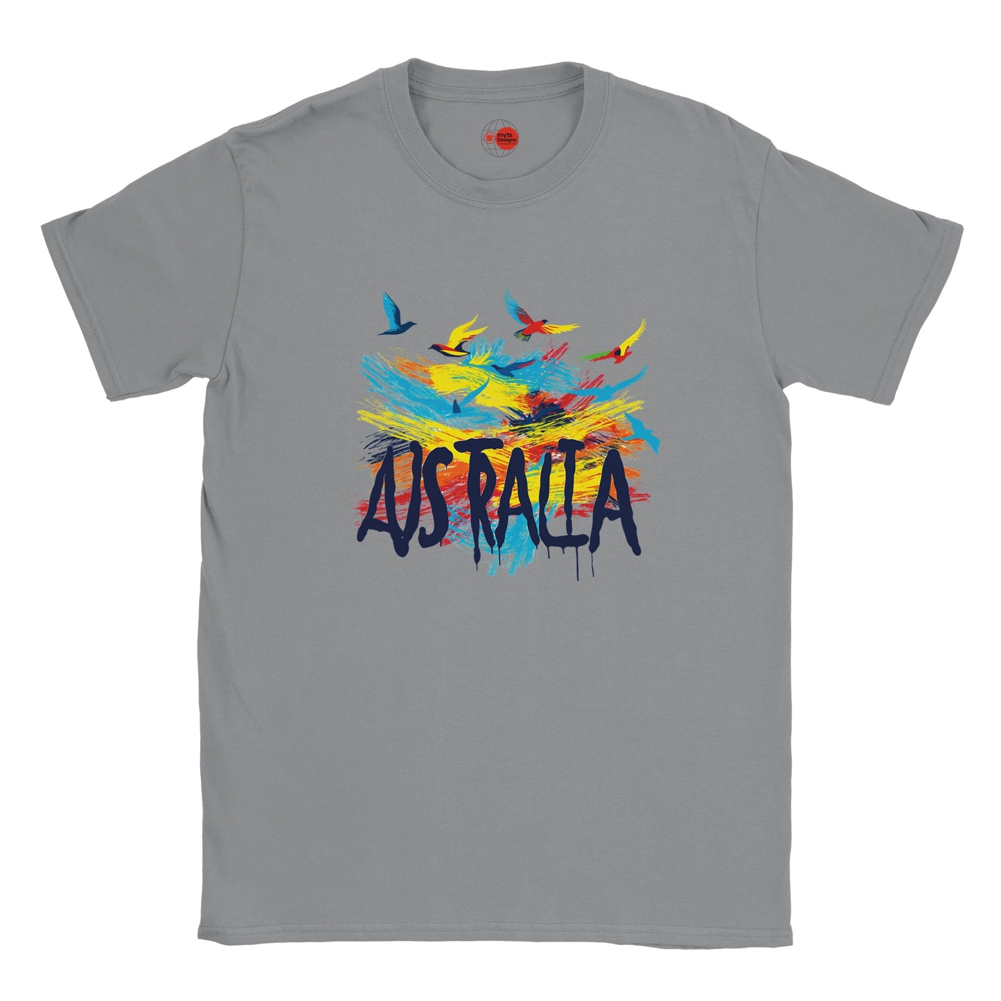 Gray t-shirt with colorful 'Australia' design on a white background