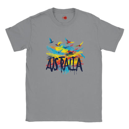 Gray t-shirt with colorful 'Australia' design on a white background