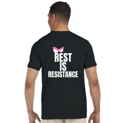 A person wearing a black t-shirt with 'REST IS RESISTANCE' text on the back.