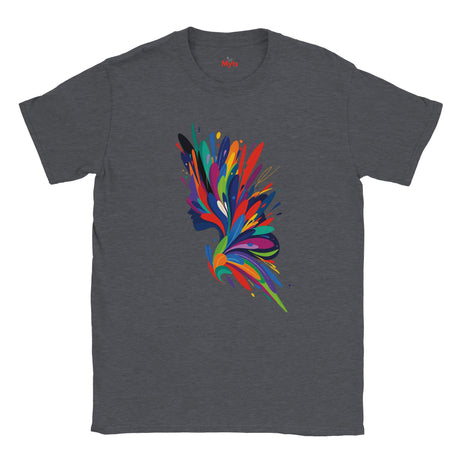 Gray t-shirt with a colorful abstract design on a white background