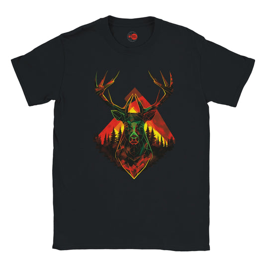Black t-shirt with a deer head design in red, green, and yellow on a white background