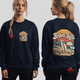 Broken Relic black unisex crewneck sweatshirt with small front surf graphic and large vintage surfboard beach design on back