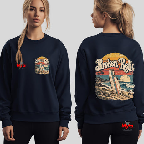 Broken Relic black unisex crewneck sweatshirt with small front surf graphic and large vintage surfboard beach design on back