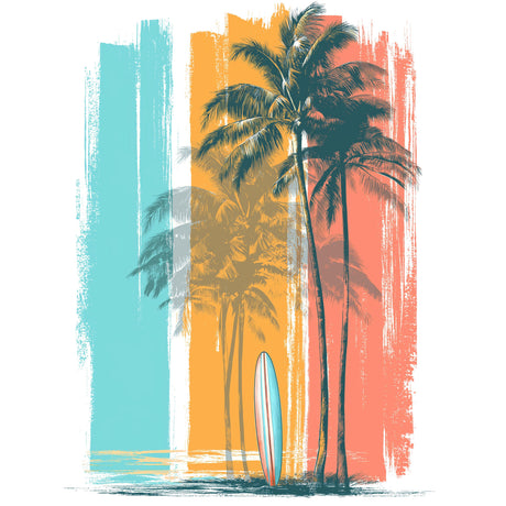 Colorful illustration of palm trees and a surfboard with vertical stripes in the background.