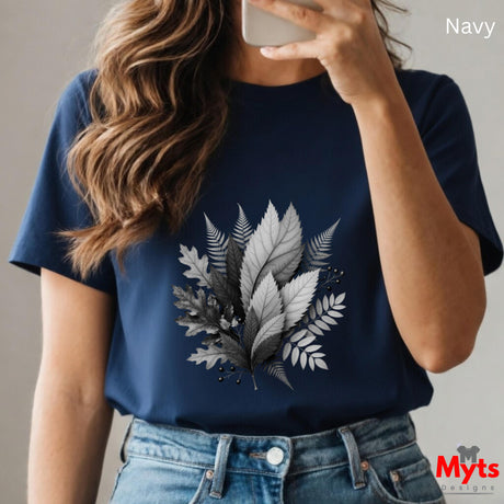 Navy t-shirt with leaf design worn by a person, brand 'Myts' visible