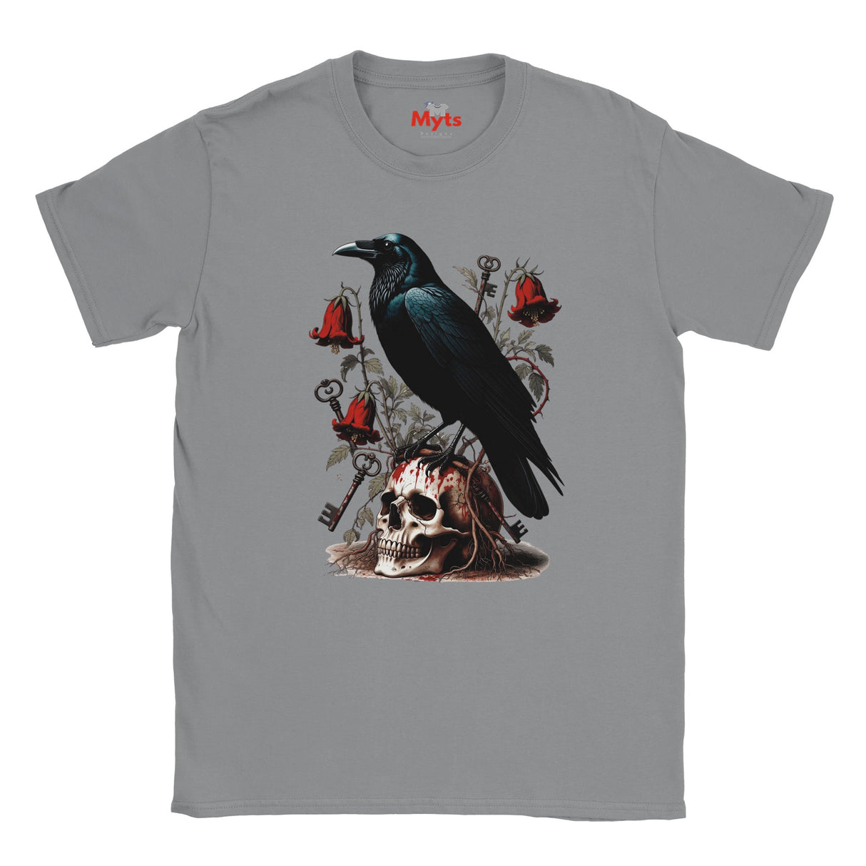 A gray crewneck t-shirt featuring a gothic-style graphic print of a black raven perched on a skull, surrounded by red bells, keys, and roses. The brand name 'Mits' is printed in red on the inside neck label.