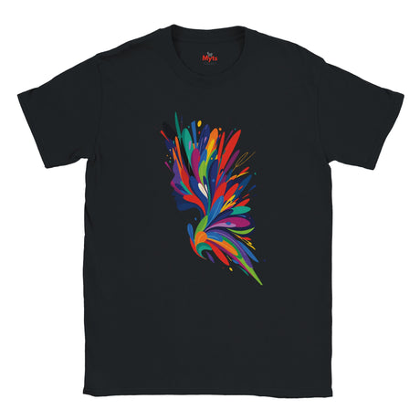 Black t-shirt with a colorful abstract design on a white background
