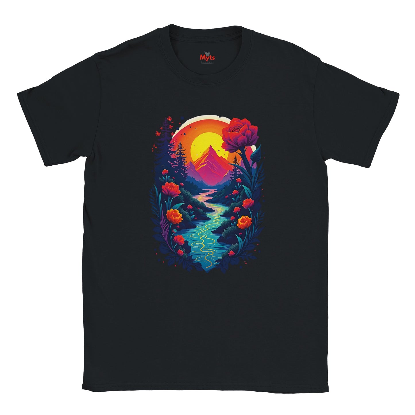 Black t-shirt with a colorful nature graphic design featuring a mountain, flowers, and a sunset.