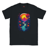 Black t-shirt with a colorful nature graphic design featuring a mountain, flowers, and a sunset.