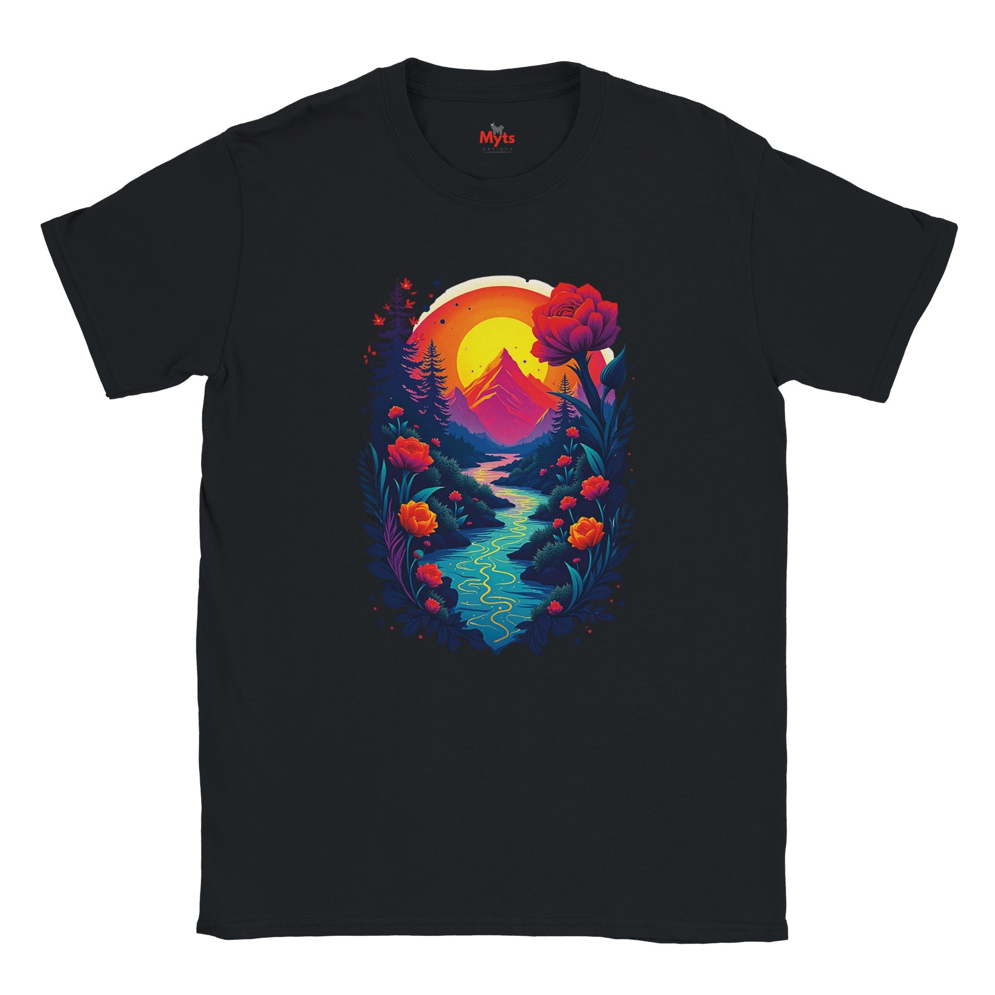 Black t-shirt with a colorful nature graphic design featuring a mountain, flowers, and a sunset.
