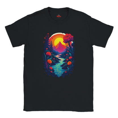Black t-shirt with a colorful nature graphic design featuring a mountain, flowers, and a sunset.
