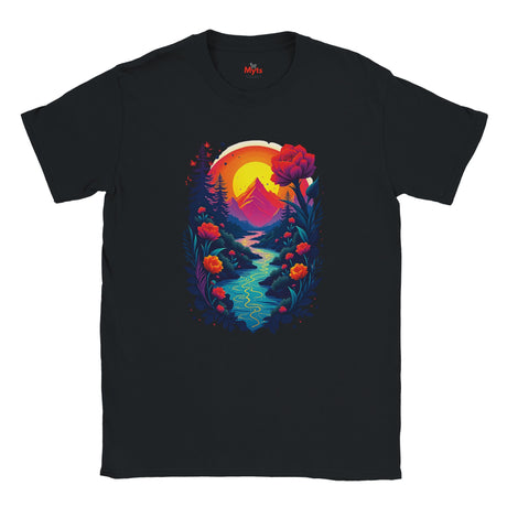 Black t-shirt with a colorful nature graphic design featuring a mountain, flowers, and a sunset.