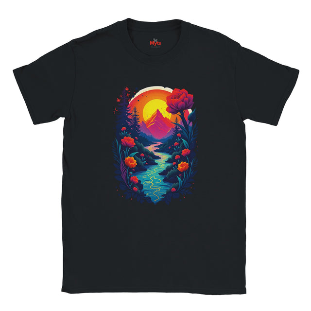 Black t-shirt with a colorful nature graphic design featuring a mountain, flowers, and a sunset.