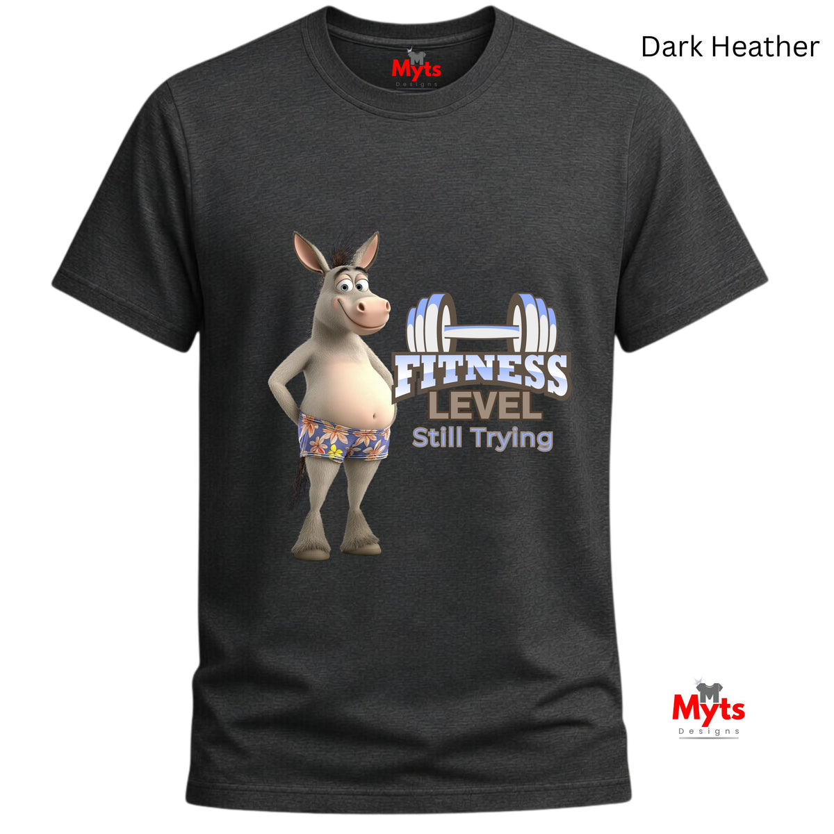 Dark Heather unisex fitness humour T-shirt featuring a smiling donkey and Fitness Level Still Trying workout design.