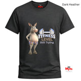 Dark Heather unisex fitness humour T-shirt featuring a smiling donkey and Fitness Level Still Trying workout design.