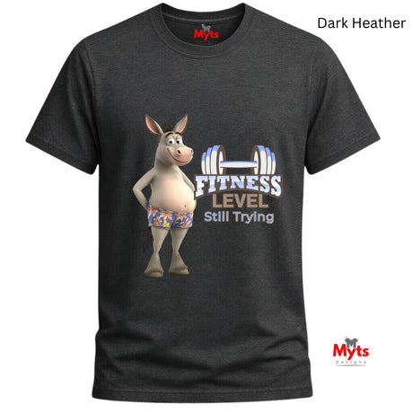 Dark Heather unisex fitness humour T-shirt featuring a smiling donkey and Fitness Level Still Trying workout design.