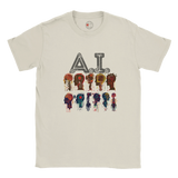 Beige t-shirt with 'A.I.' and colorful robot graphics on a white background
