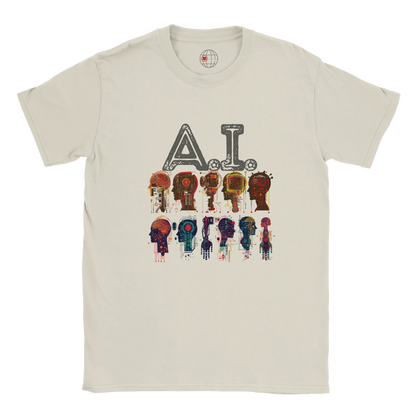 Beige t-shirt with 'A.I.' and colorful robot graphics on a white background