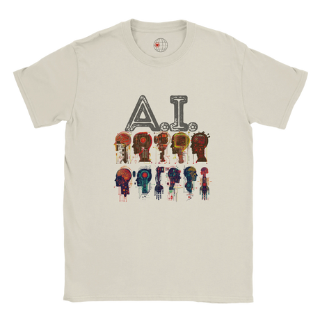 Beige t-shirt with 'A.I.' and colorful robot graphics on a white background