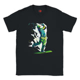 Black t-shirt with a colorful graphic of a golfer on a white background