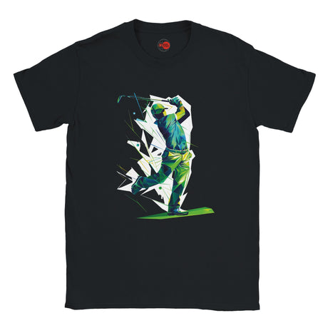 Black t-shirt with a colorful graphic of a golfer on a white background
