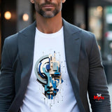 A man wearing a gray blazer over a white crewneck t-shirt featuring a blue, gray, and beige geometric face graphic print. The background is a blurred urban street scene.
