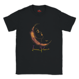 Black t-shirt with a crescent moon and face design and 'Inner Peace' text on a white background