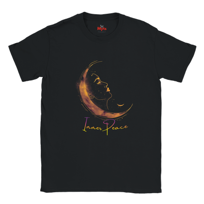 Black t-shirt with a crescent moon and face design and 'Inner Peace' text on a white background