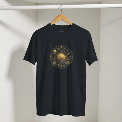 Black t-shirt with celestial design on a hanger against a neutral background