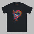 Front view of black T-shirt featuring mystical all-seeing eye with geometric sacred patterns – printed on soft Gildan cotton