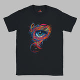 Front view of black T-shirt featuring mystical all-seeing eye with geometric sacred patterns – printed on soft Gildan cotton